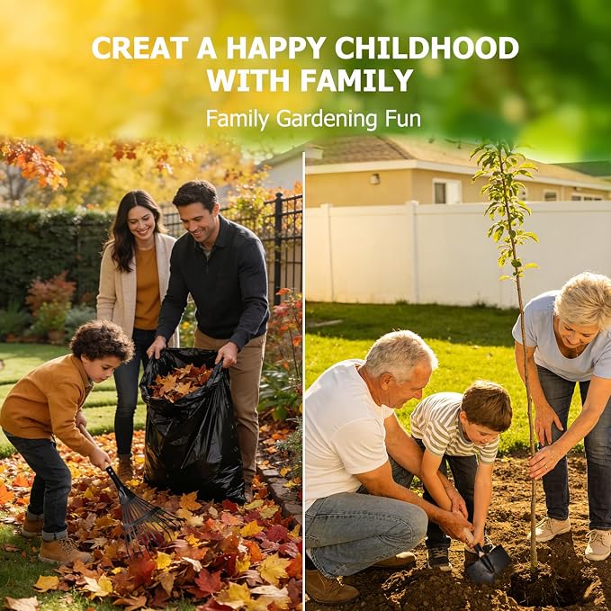 Kids Garden Tool Set, 4-Piece Rake and Shovel with Wooden Handles, 28 Inch Long, Black Metal Gardening Tools for Boys and Girls