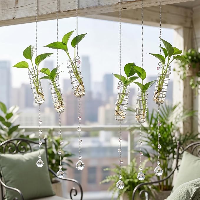 6Pcs Hanging Plant Propagation Station with Crystal Ball Prisms Suncatcher | Window Hanging Propagation Station and Cleaning Brush, Glass Plant Suncatcher for Indoor Wall Gifts for Plants Lovers(Silver)