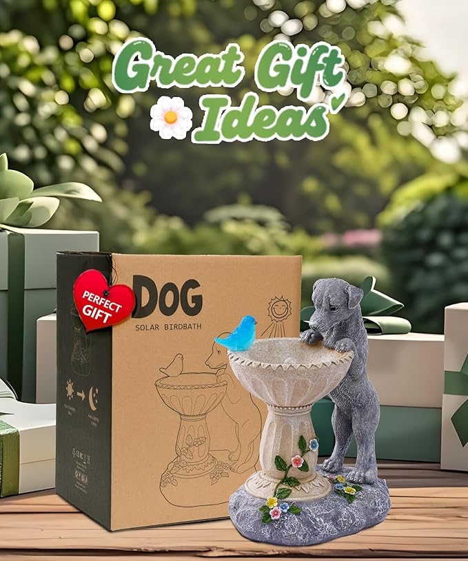Nacome Solar Dog Garden Statues: Weatherproof Resin Decor | Outdoor Yard Lawn Patio Balcony Decorations, Gifts for Mom Grandma Women Bird Lovers, Automatic Warm LED Light