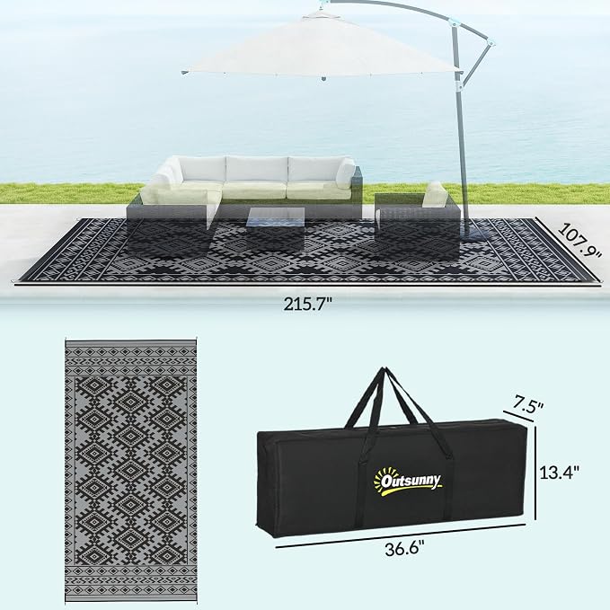 Outsunny Outdoor Rug for Patio, 9' x 18' Waterproof Large Mat, Reversible Plastic Straw Rug for Decor, Portable Outside RV Camping Area Carpet Mat for Backyard Porch Deck Picnic, Black & Gray Rhombus