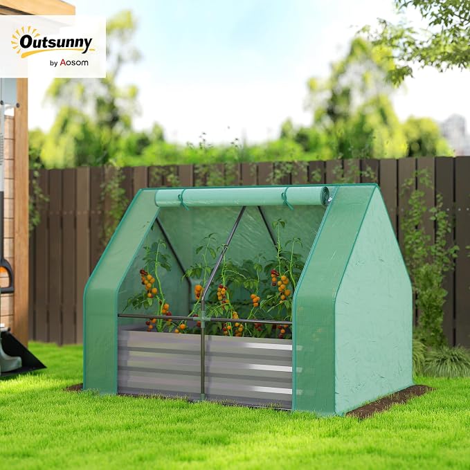 Outsunny 4 x 3ft Metal Planter Box with Mini Greenhouse, Galvanized Raised Garden Bed with Cover for Herbs and Vegetables, Small Greenhouse for Patio Garden Balcony, Green and Dark Gray