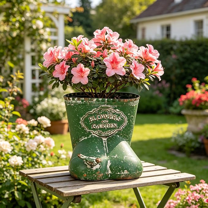 Vintage Distressed Boot Planter, Rustic Flowers & Garden Metal Rain Boot Plant Pot, Farmhouse Succulent Herb Planter for Indoor Outdoor Home Garden Patio Decor (Green - Small)