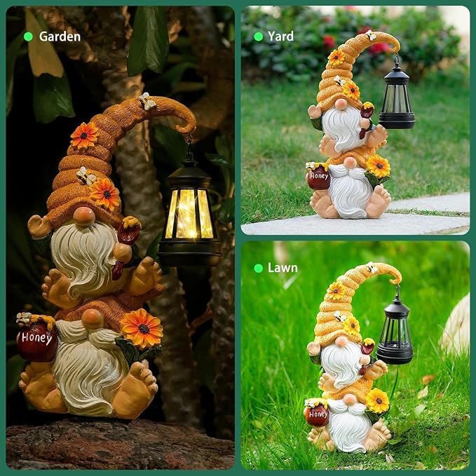 Solar Bee Garden Gnomes with LED Lantern, 12.2-Inch Outdoor Statue | Hand-painted weather-resistant resin decor for patio, lawn, porch and yard; gift for women, moms, grandmas, bee lovers