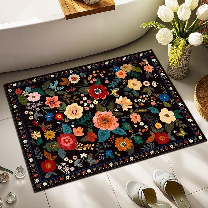 RELEANY Floral Washable 2x3 Area Rugs Doormat Black | Flower Carpet, Print, Boho, Non-Slip, Easy to Clean, Soft, Low Pile for Living Room Bedroom Kitchen Office Entryway Hallway