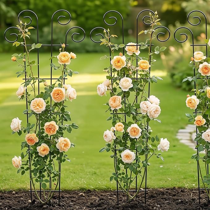 Thealyn 4 Pack 56 Inch Plant Trellis for Potted Plants, Metal Garden Trellis for Climbing Plants, Indoor Outdoor Decorative Vine Support for Pots, Wave Shape, Black