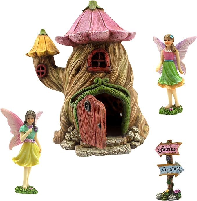 PRETMANNS Fairy Garden House Kit - Outdoor Fairy Houses for Outside with Accessories, Miniature Village Decor for Adults, Large Fairy House 7 Inch (18cm), Garden Decor Set
