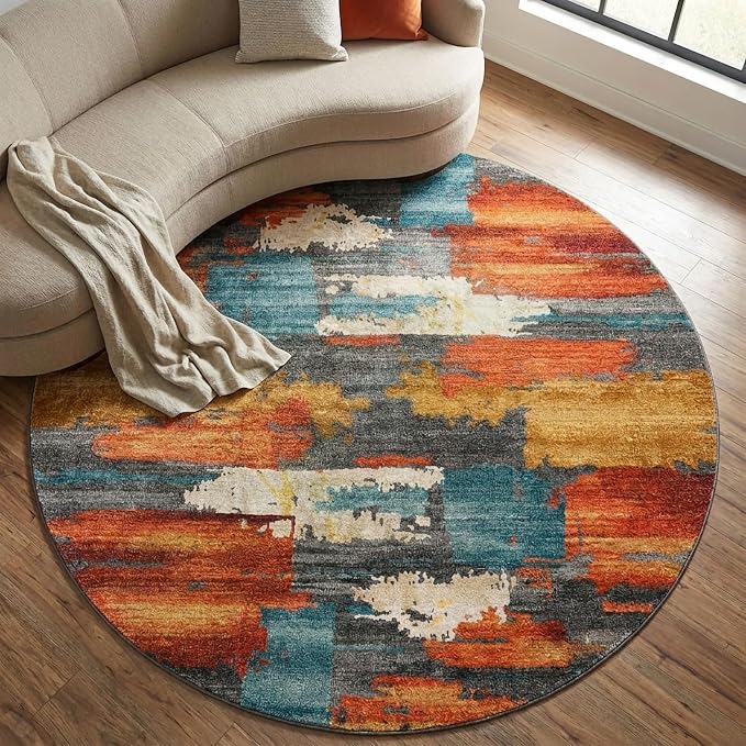 6Ft Burnt Orange and Teal Abstract Brushstroke Area Rug | Soft Low-Pile Machine-Washable Rug with Non-Slip Backing for Dining Rooms, Entryways and Reading Areas for Easy Everyday Care