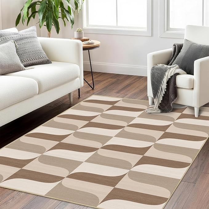 Modern Geometric Rug 3x5 Neutral Beige Brown Abstract Mid Century Modern Area Rug for Entryway Living Room Contemporary Machine Washable Non-Slip Printed Low-Pile Floor Carpet for Kitchen Bedroom