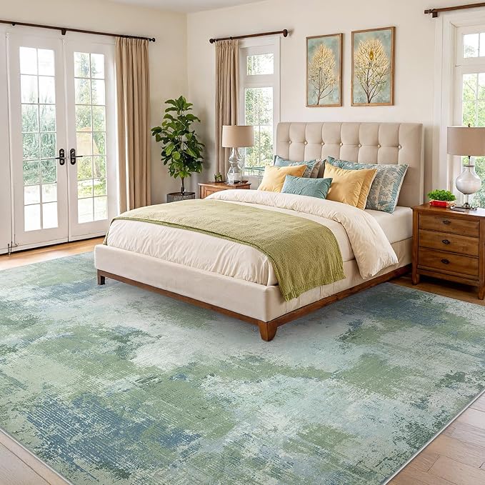 AMADA HOMEFURNISHING 8x10 Area Rugs for Living Room, Modern Abstract Washable Rug with Non-Slip Backing & Low Pile, Large Rug with Abstract Pattern for Bedroom, Dinning Room, Home Office, Green
