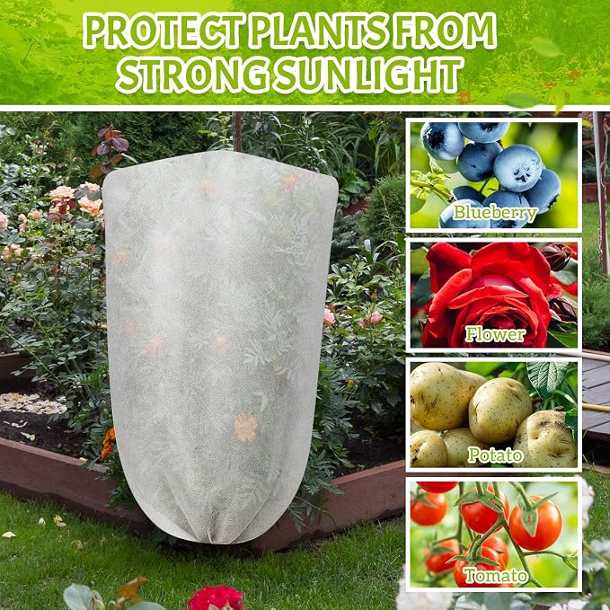 Mindsoft 4 Pcs 5 x 3.3 ft Garden Plant Shade Cover with Drawstring, Non-Woven Sun Protection Cloth for Tomatoes, Peppers, Bougainvillea, Cactus, Cherry Etc- UV & Sunlight Protection for Plants