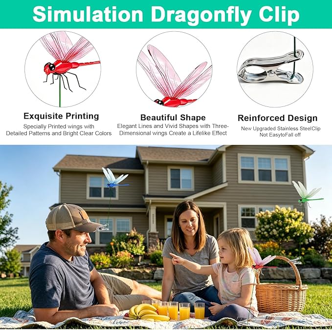 12 Pcs Dragonfly Clips, Colorful Dragonfly Clip,Realistic Fake Dragonflies Clip-On Waterproof PVC Garden Outdoor Decor Stakes Plastic Dragon Fly Clips Plant Decorations for Garden