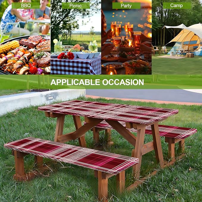 Picnic Table Cover with Bench Covers Set of 3 - Classic Red Black Buffalo Plaid Tablecloth, Elastic Fitted for 6 Ft Tables, Washable Polyester Cover for Camping, Indoor & Outdoor