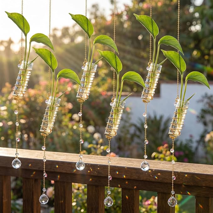 6Pcs Hanging Propagation Station with Crystal Ball Prisms Plant Suncatcher | Glass Wall Hanging Propagation Vases Crystals Prism Suncatchers Decor for Windows Home Wedding with a Cleaning Brush