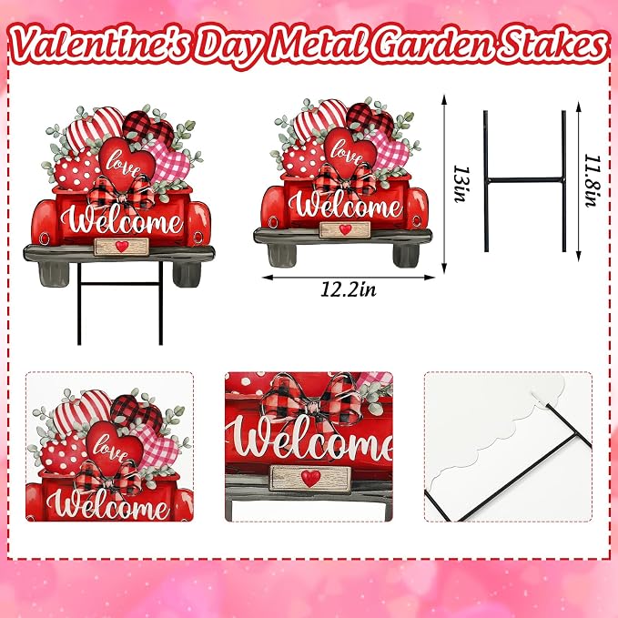 JarThenaAMCS Valentine' s Day Metal Garden Stake Welcome Yard Sign Red Love Heart Truck Decorative Lawn Sign for Wedding Anniversary Home Outside Lawn Porch Walkway Decor
