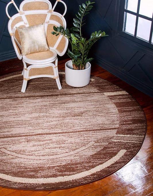 Unique Loom Autumn Collection Modern Contemporary Casual Abstract Area Rug (Brown/ Beige Border, 8 ft 0 x 8 ft 0 Round)