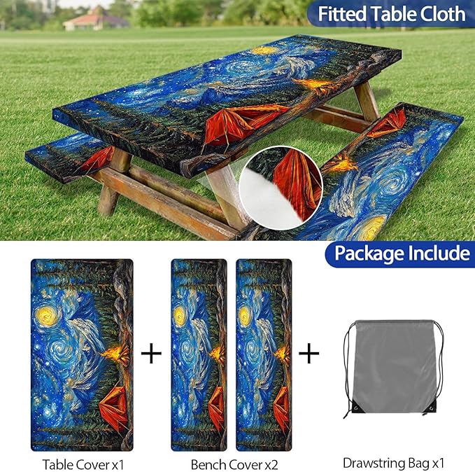 Picnic Table Cover with Bench Covers Elastic Edges, Forest Night Sky Camper Fitted Table Cover, Outdoor Patio Camping Essentials 3PCS, 60in, Waterproof Camping Fitted Tablecloth with Drawstring Bag