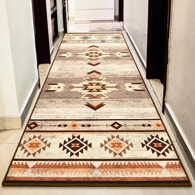 BENRON Western Hallway Runner Rug 2x6, Long Runners for Kitchen, Warm Beige | Southwest aztec Rug, Accent and Tribal Throw Rugs for Bedroom, Washable