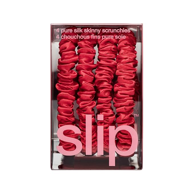 Slip Silk Hair Ties — Skinny Silk Red Scrunchies, No Damage, No Crease, Anti-Breakage |100% Mulberry Silk | All Hair Types | Made with Proprietary Slipsilk™ | Set of 4