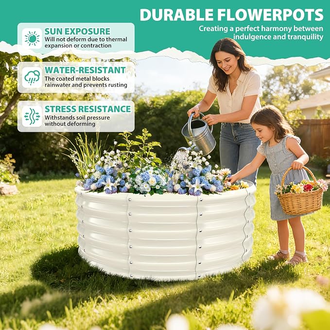 YSEJOMP 17" Tall Round Outdoor Garden Raised Garden Bed Kits-0.8MM Thick Metal Raised Planter Bed/Ground Planter Box for Variety of Flowers,Herbs,Vegetables,Trees (Cream White, 40 Dia X 16.5 inches)