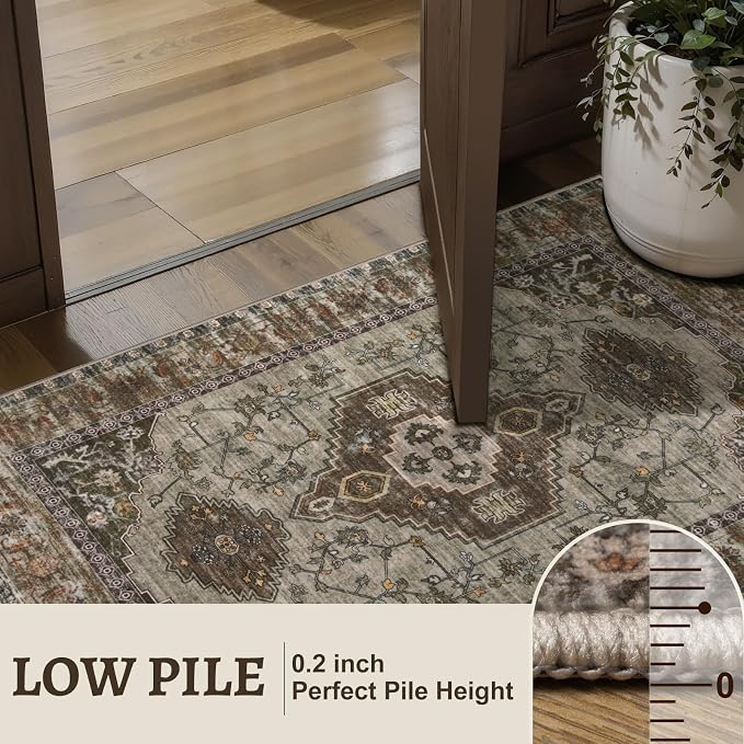 Tangsoo Vintage 2x5 Washable Runner Rug for Hallways, Non Slip Runner Rug | Soft Low Pile 2x5 Rug Runner, Print Distressed Carpet Runners for Entryway Bedroom Kitchen Bathroom Living Room Grey