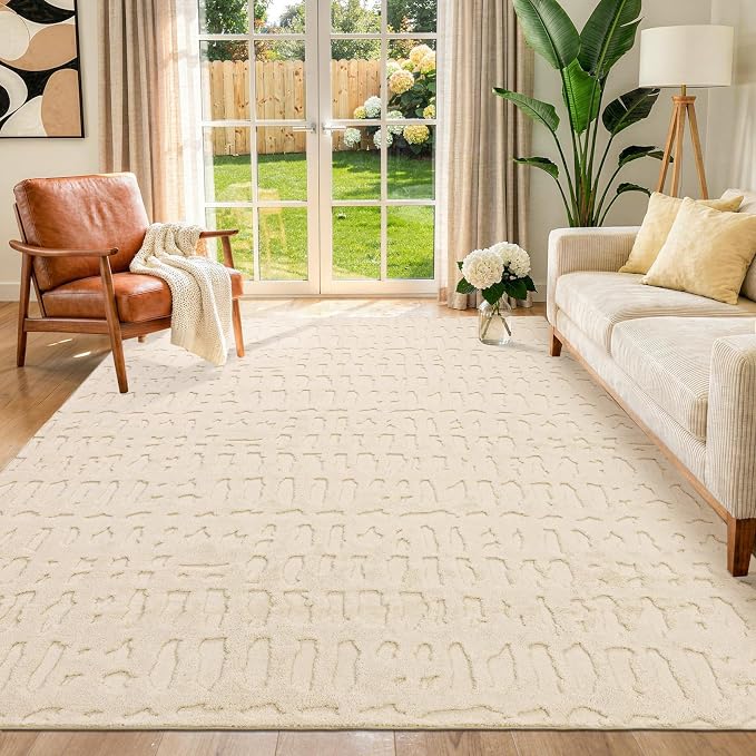 Yamaziot Washable 5x7 Area Rugs for Living Room Textured Non Slip Rug Beige | Modern High-Low Geometric Pattern, Soft Fluffy, Neutral, Minimalist Floor Carpet for Bedroom Dining Room Nursery Kids Room