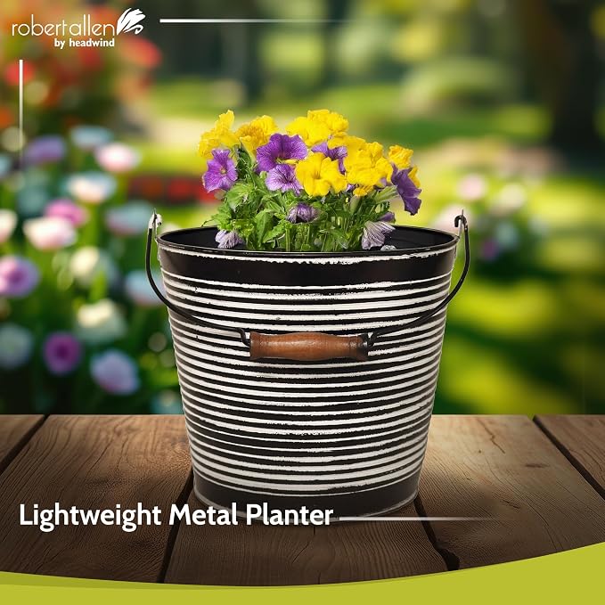 Headwind Robert Allen Vintage Ribbed Metal Planter with Handle, 10-Inch, Charcoal – Lightweight Indoor/Outdoor Flower Pot with Drainage Hole