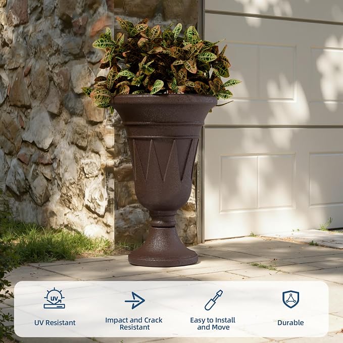 Tall Urn Planters for Outdoor Plants Set of 2-23.6" H Vintage Trophy Design Outdoor Planters for Porch Decor with Drainage Hole, Indoor Large Flower Pots, Pedestal Planter/Garden Vase, Brown