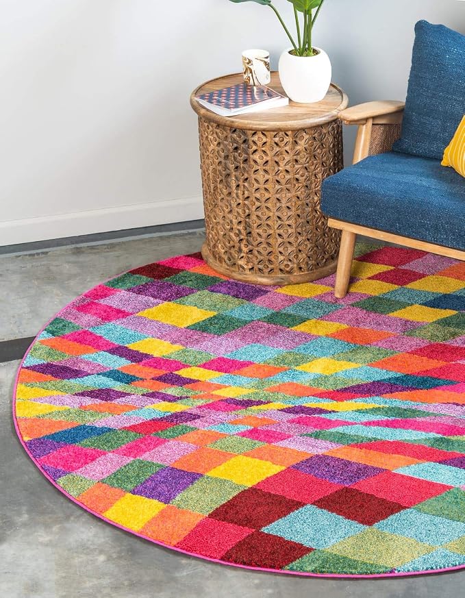 Unique Loom Estrella Collection Geometric, Abstract, Colorful, Modern, Eclectic Area Rug (6' 0 x 6' 0 Round, Multi/Pink)