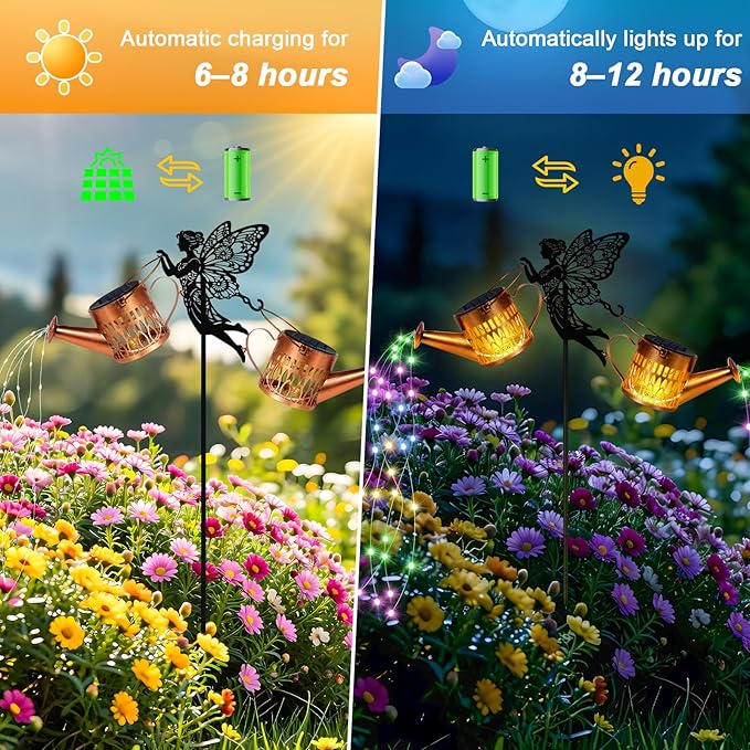 2 Pack Solar Watering Can Lights, Metal Solar Lights Outdoor Decorative with Fairy Silhouette Stake, Waterproof Hanging Lantern Garden Decor Light for Outside, Patio, Yard, Birthday Gifts, Multicolor