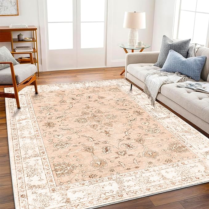 CHAMPLANT Area Rug 6x9 Washable Rug Tangerine Vintage Traditional Floor Cover Thin Retro Kitchen Indoor Distressed Non Slip Carpet Floral Print Mat Living Room Bedroom Dining Room