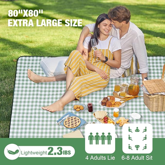G GOOD GAIN Picnic Blankets Outdoor Extra Large - 80"x80" Portable Waterproof Picnic Blanket, Machine Washable 3-Layer Foldable Park Mat with Sandproof Backing for Grass, Hiking, Travel (Olive Green)