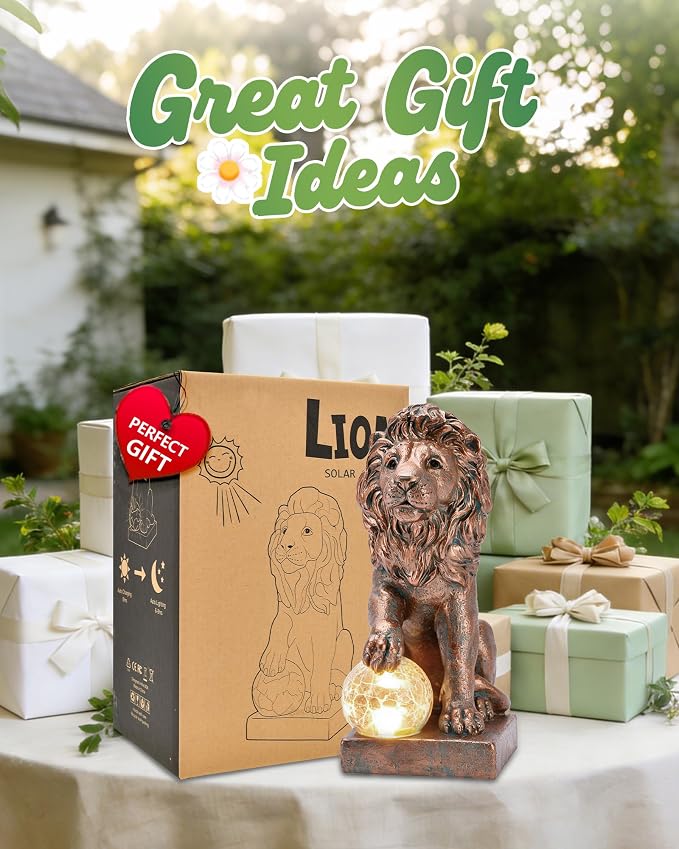 Guardian Lion Outdoor Statues for Garden with Solar Ball (Copper) | 9.45in IP65 Waterproof,Outside Decor, Yard Art Lawn Ornaments, Porch Patio Balcony Home House, Gifts for Mom Grandma Women