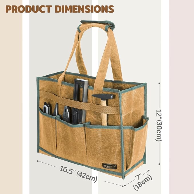 Heavy-Duty Waxed Canvas Tool Tote Bag – Large Capacity Tool Organizer with 14 External Pockets & Padded Handle | Durable Storage Tote for Contractors, Electricians & DIY (16.5" x 7" x 12", Khaki)