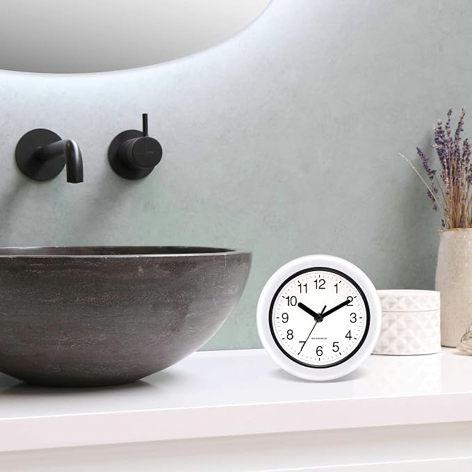 Caysie 6.5 Inch Sealed Small Indoor Outdoor Clock Waterproof, Hanging or Standing Silent Battery Operated Wall Clocks for Pool Patio Bathroom Shower (White)