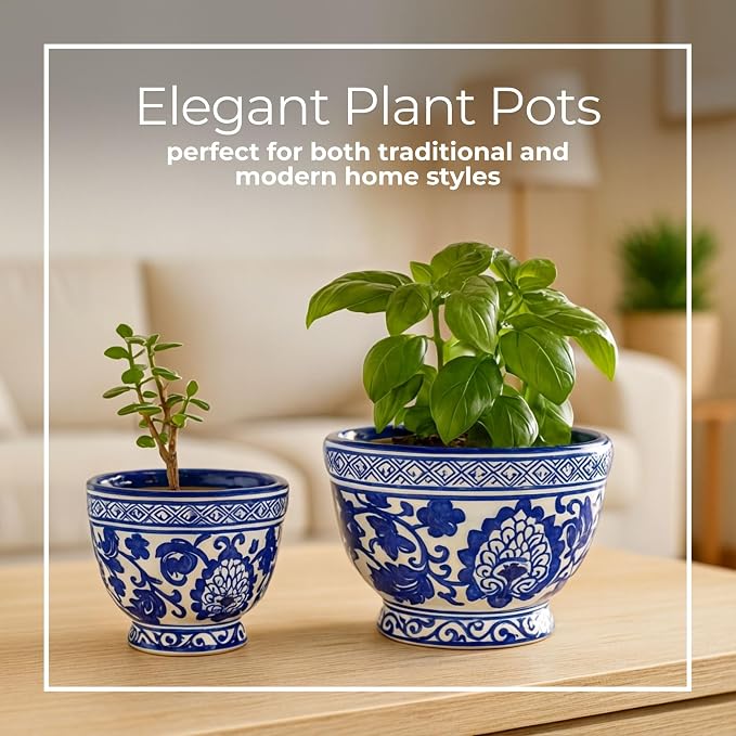 Set of 2 Bowl Chinoiserie Decorative Planter Pot with Drainage – Ceramic Outdoor & Indoor Plant Pot – Modern Garden & Home Decor Planters – 5" & 7", Blue & White
