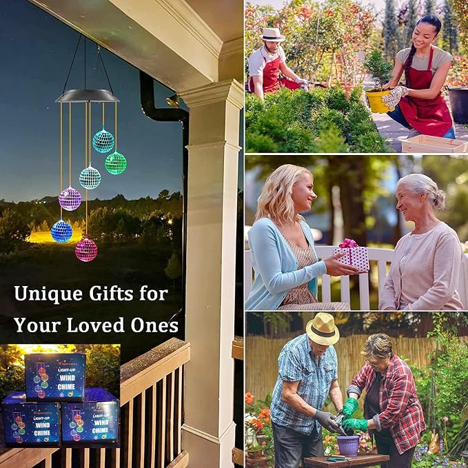 Solar Disco Ball Wind Chime | Hanging Solar Decorative Lights Outdoor for Garden Porch Balcony, Birthday Gifts for Women, Moms, and Grandmothers