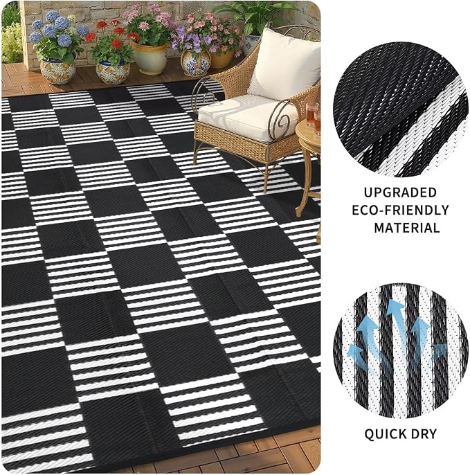 Garvee Waterproof Outdoor Rug 9x12, Checkered Foldable Plastic Straw Patio Camping Rug, Outdoor RV Carpet for Deck Camper Porch Balcony Backyard Picnic Beach Black and White