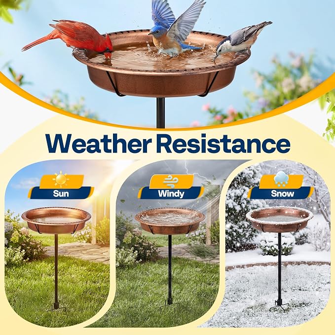 VIVOHOME Oval Bird Bath for Outside, Outdoor Birdbath Bowl with Metal Ground Stake, Weather-Resistant ABS Bird Bath and Feeder for Garden, 1.3 Gallons, Bronze