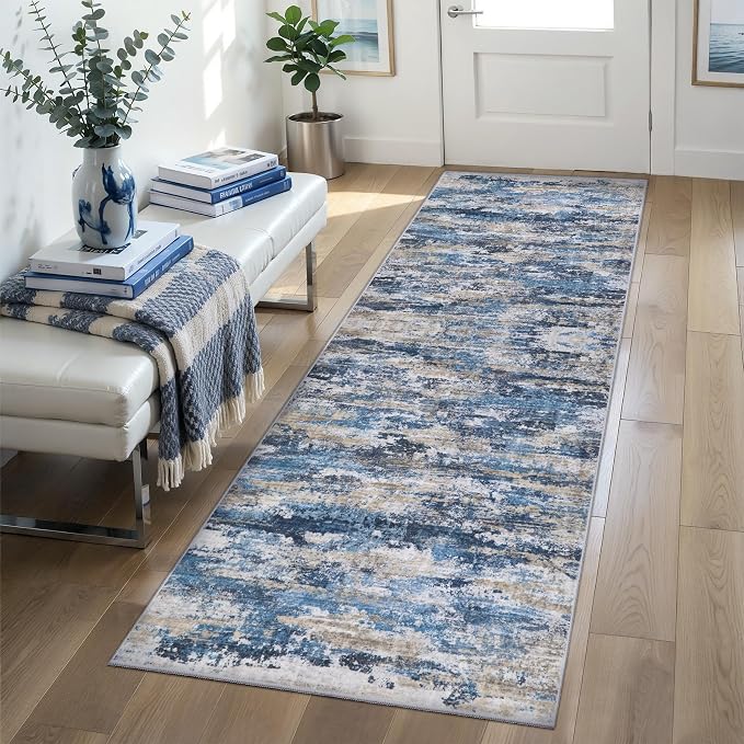 Tangsoo Abstract 2x6 Washable Runner Rug, Modern Non Slip Runner Rugs | Contemporary Indoor Soft Low Pile Rugs for Hallway,Print Carpet Runners for Laundry Entryway Bedroom Kitchen Blue Grey Decor