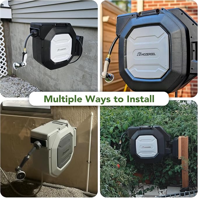 5/8" x 100 ft Heavy Duty Retractable Hose Reel, UV Resistant Garden Hose Reels - Slow Self Retract Wall Mount Hose Reel Automatic Storage, Any Length Lock 180° Swivel, 10 Pattern Nozzle Grey