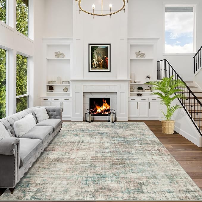 9x12 Area Rugs for Living Room: Washable Abstract Multi Color Carpet | Non-slip TPE backing makes this washable soft low-pile rug safe & durable, Pet-friendly decor for dining room,nursery,office