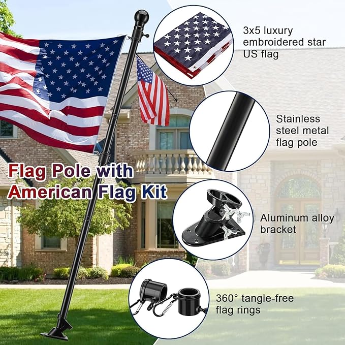 Flag Pole Kit with 3x5 US Flag - Includes 6ft Heavy Duty Tangle Free Flagpole,Weather Resistant 3x5 Embroidered American Flag,Aluminum Holder Bracket,for Outside House,Porch,Outdoor