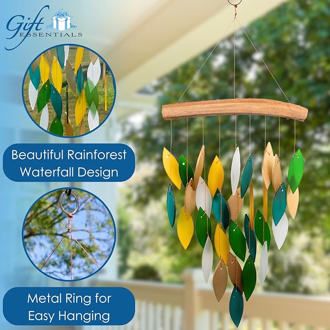 Blue Handworks Rainforest Waterfall Glass Wind Chime | Handcrafted Waterfall Glass Wind Chime in Deep Emerald Green, Bold Gold, Chartreuse Yellow, Dark Teal and Frosted White