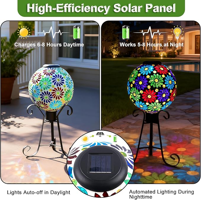 SAVENNA Mosaic Solar Gazing Ball 10 Inch,Glass Garden Globe with Auto On/Off for Yard, Lawn & Outdoor Decor,Multi-Color
