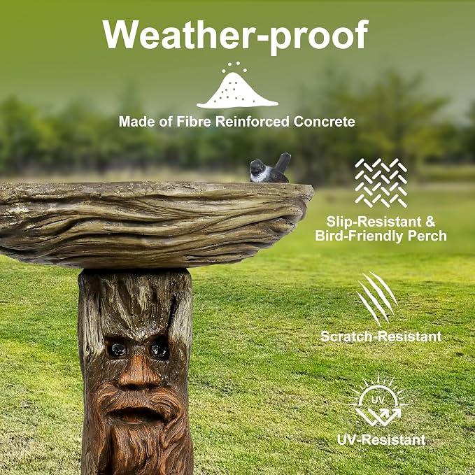 SKYFIRE 24” Tall Outdoor Tree Face Bird Bath -Whimsical Tree Man Pedestal Birdbath Bowl with Bird Figurines for Patio, Lawn, Backyard, Outdoor Decor -19”Dia. Garden Decor Statue Birdbaths for Birds