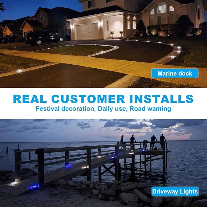 VOLISUN Solar Dock Marine Lights 12 Pack,2 Colors in 1,Outdoor IP67 LED Solar Powered Waterproof Driveway Marker Deck Lights for Warning Step Sidewalk Pathway (White/Blue),Saltwater Resistant
