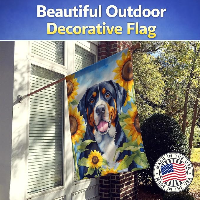 Caroline's Treasures DAC6094CHF Greater Swiss Mountain Dog in Sunflowers House Flag Large Porch Sleeve Pole Decorative Outside Yard Banner Artwork Wall Hanging, Polyester, House Size, Multicolor