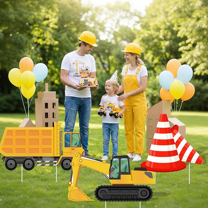 Large Construction Birthday Yard Signs with Stakes Excavator Dump Truck Traffic Cone Birthday Party Supplies Construction Theme Photo Booth Props for Home Outside Garden Lawn Birthday Decorations