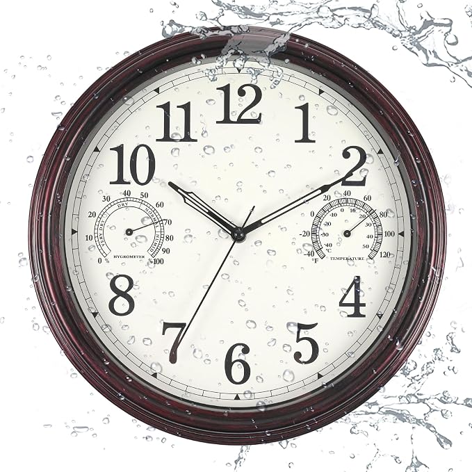 14 inch Outdoor Wall Clock, Plastic Waterproof Wall Clock with Temperature, Water Resistant Outdoor Clocks for Patio Garden