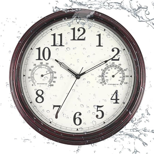 14 inch Outdoor Wall Clock, Plastic Waterproof Wall Clock with Temperature, Water Resistant Outdoor Clocks for Patio Garden